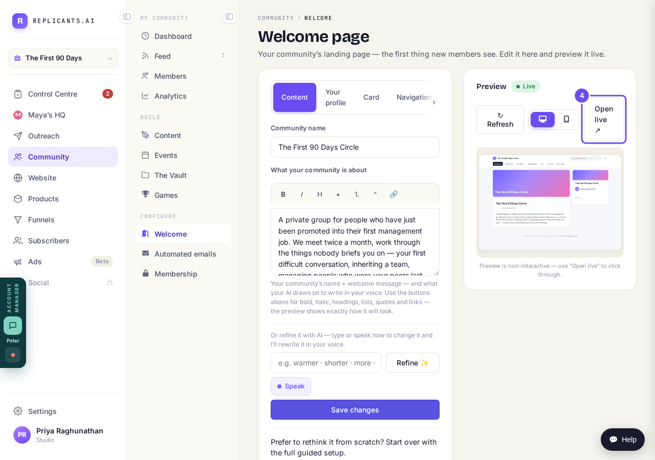 Live on the preview, and Open live next to Refresh.