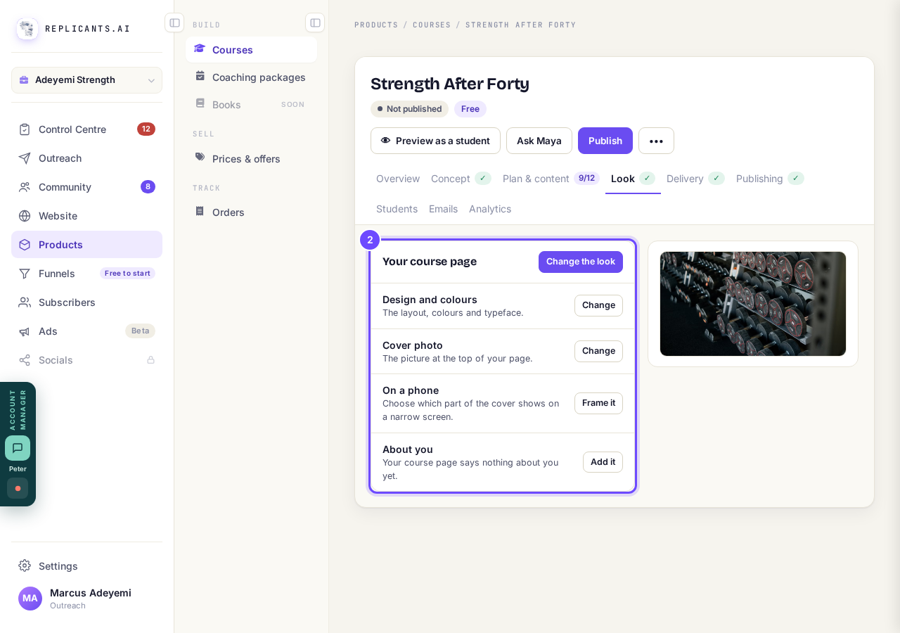 Your course page card, with Change the look.