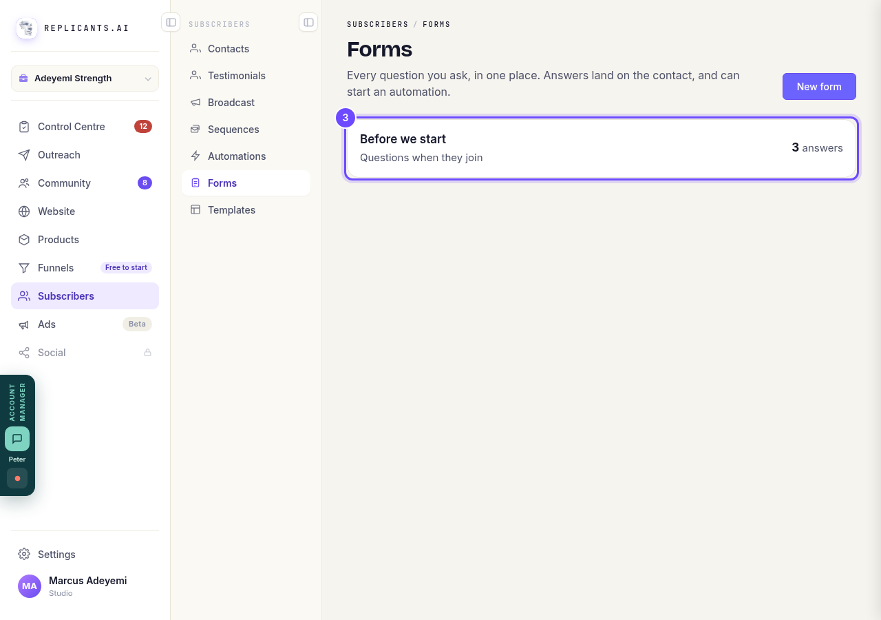 Your form, with its number of answers.