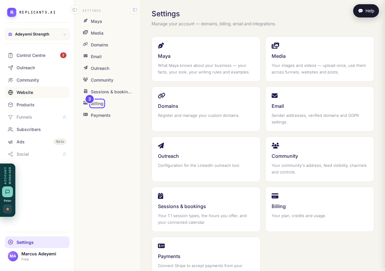 Settings opens cards. Billing, payments, addresses and Maya all live here.