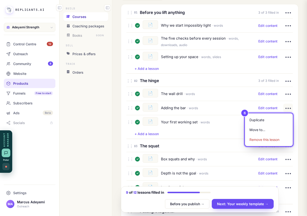 The lesson menu: Duplicate, Move to, Remove this lesson.