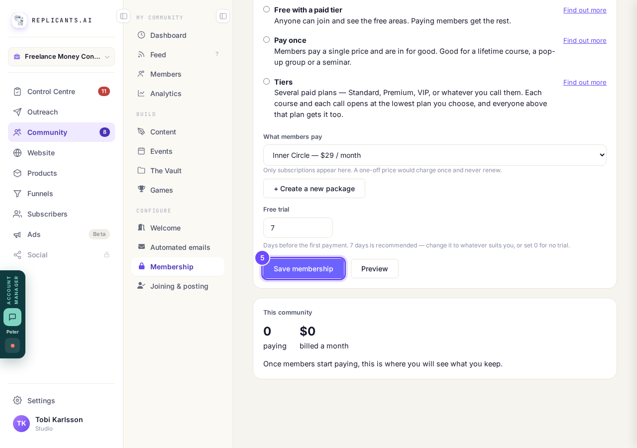 Save membership keeps it as a draft until you publish.