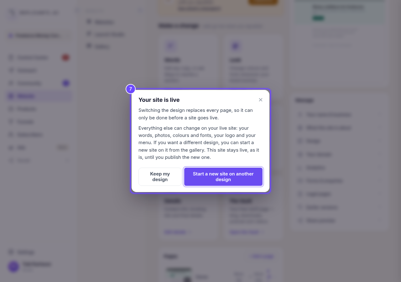 The note a live site gets, with Start a new site on another design.