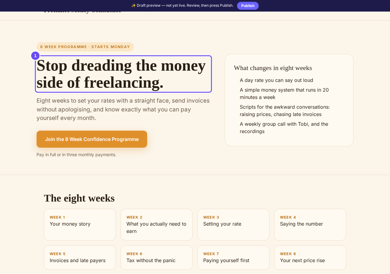 The private preview of your sales page. Nothing is public yet.