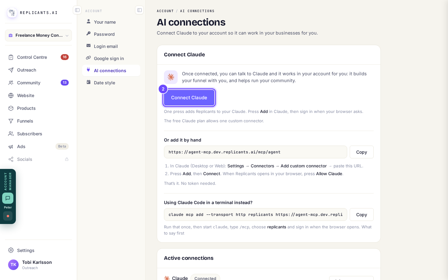 Connect Claude, at the top of AI connections.
