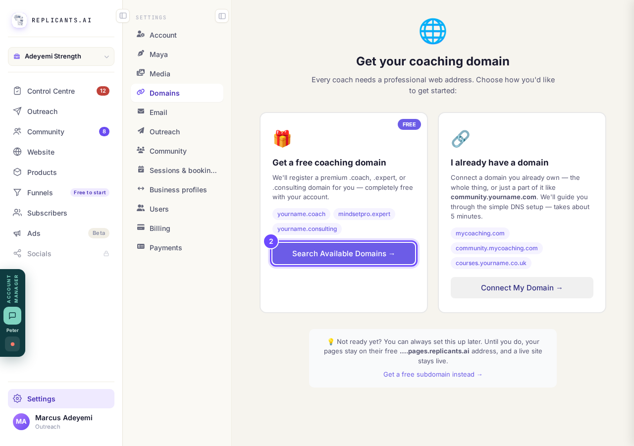Search Available Domains, on the free card.