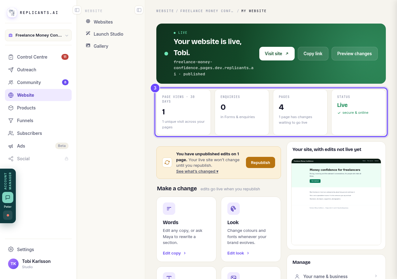 Page views, Enquiries, Pages and Status.