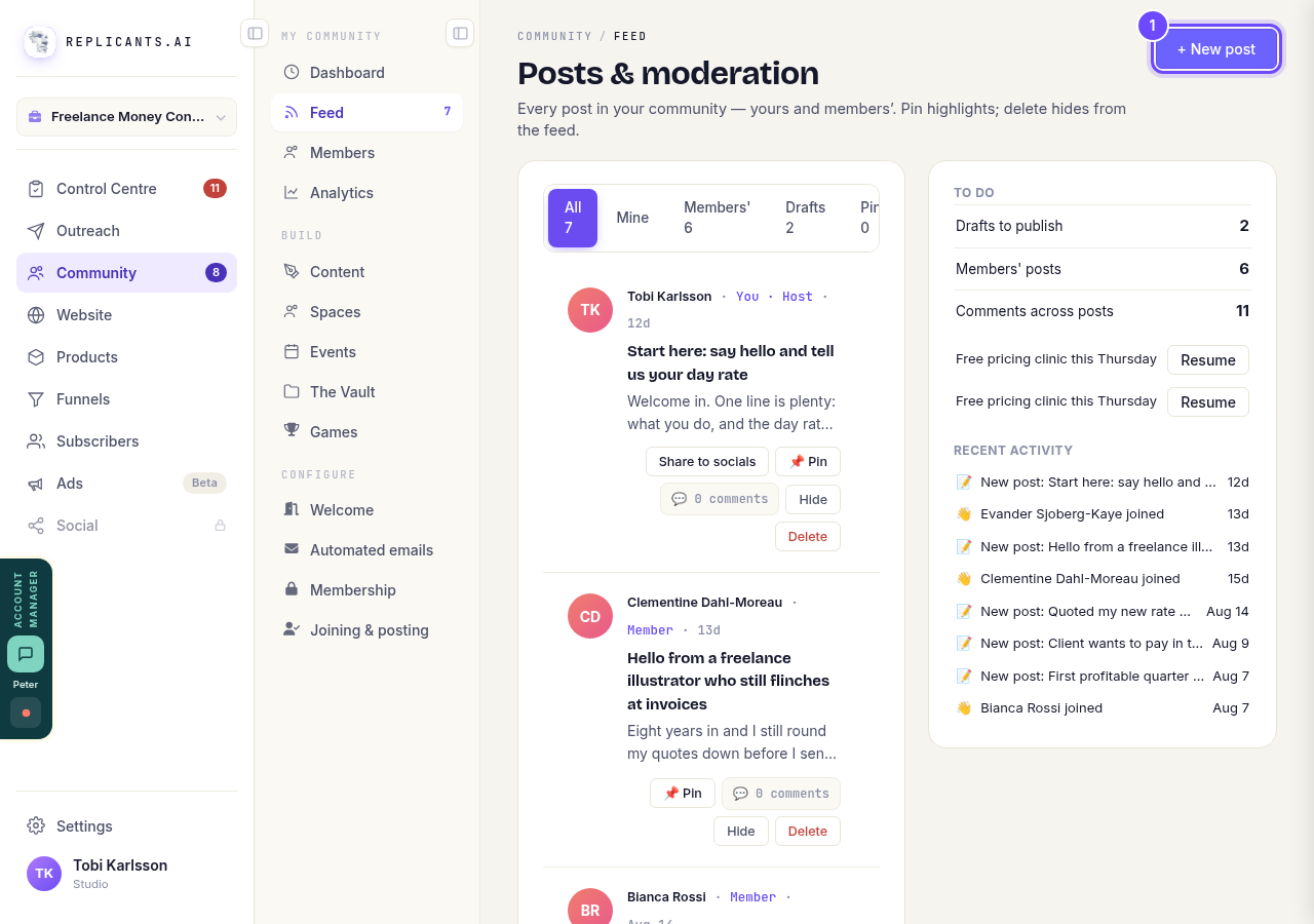 Press **+ New post** in your community's Feed.