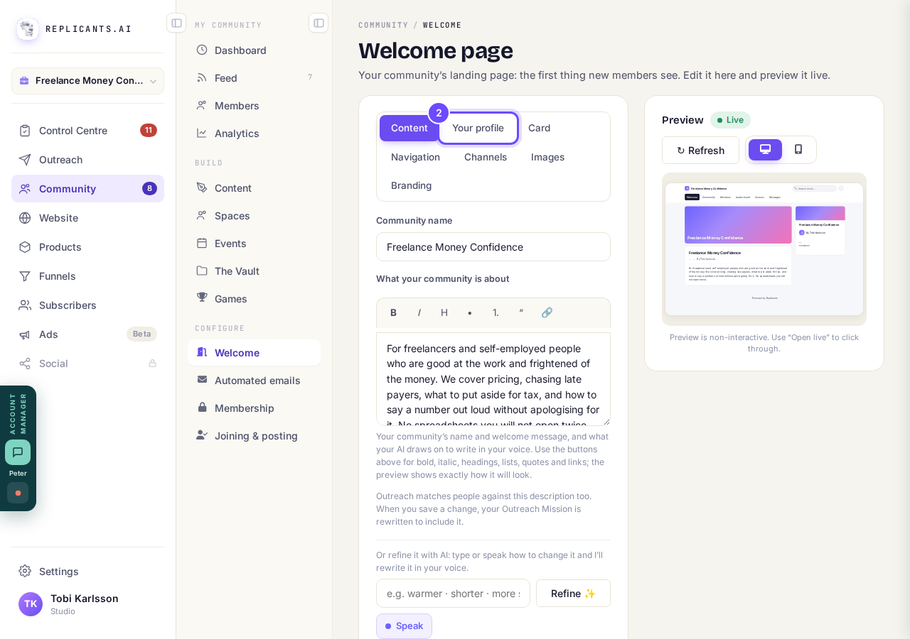 Your profile, next to Content.