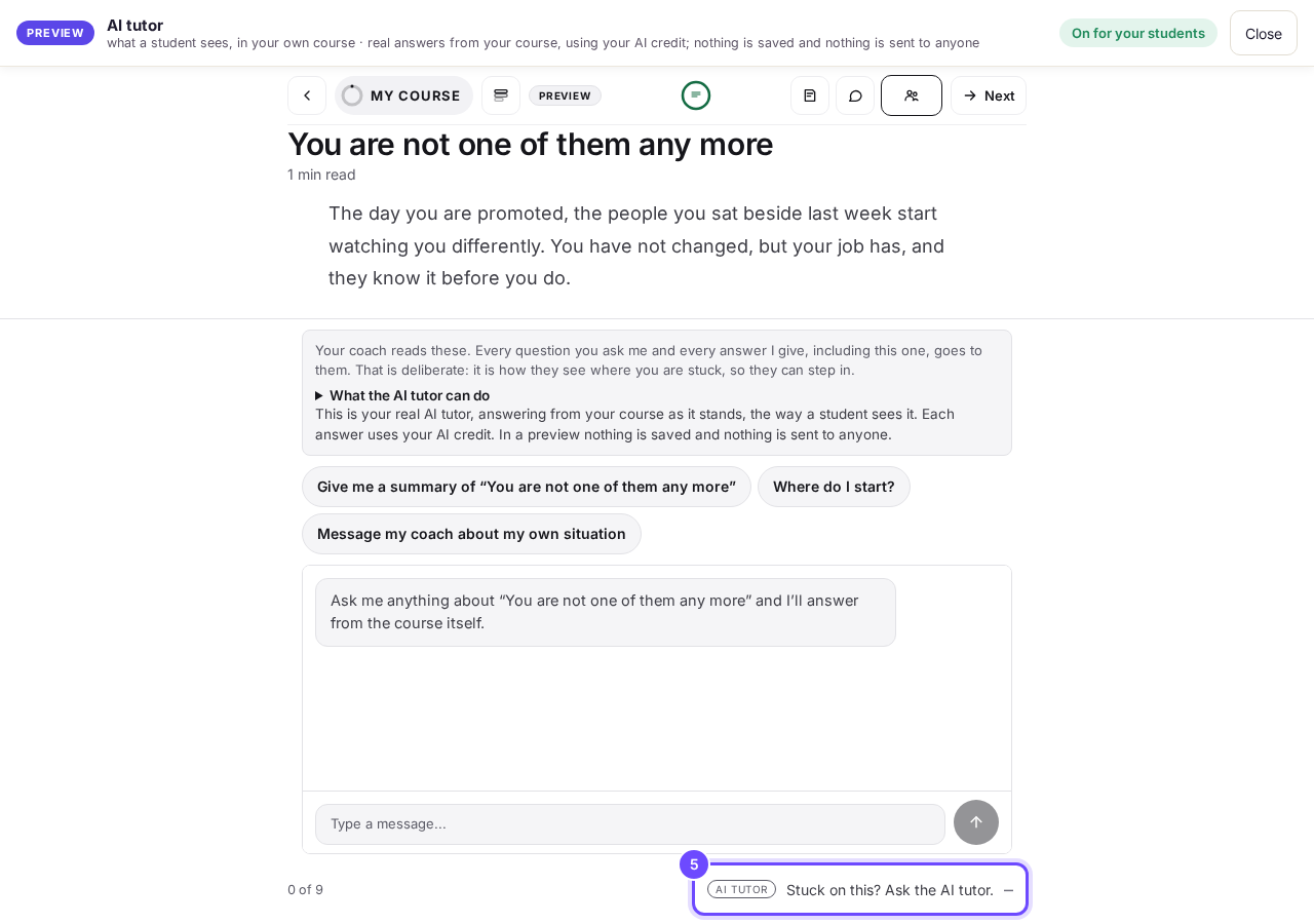 The AI tutor, open under a lesson (Preview as a student).