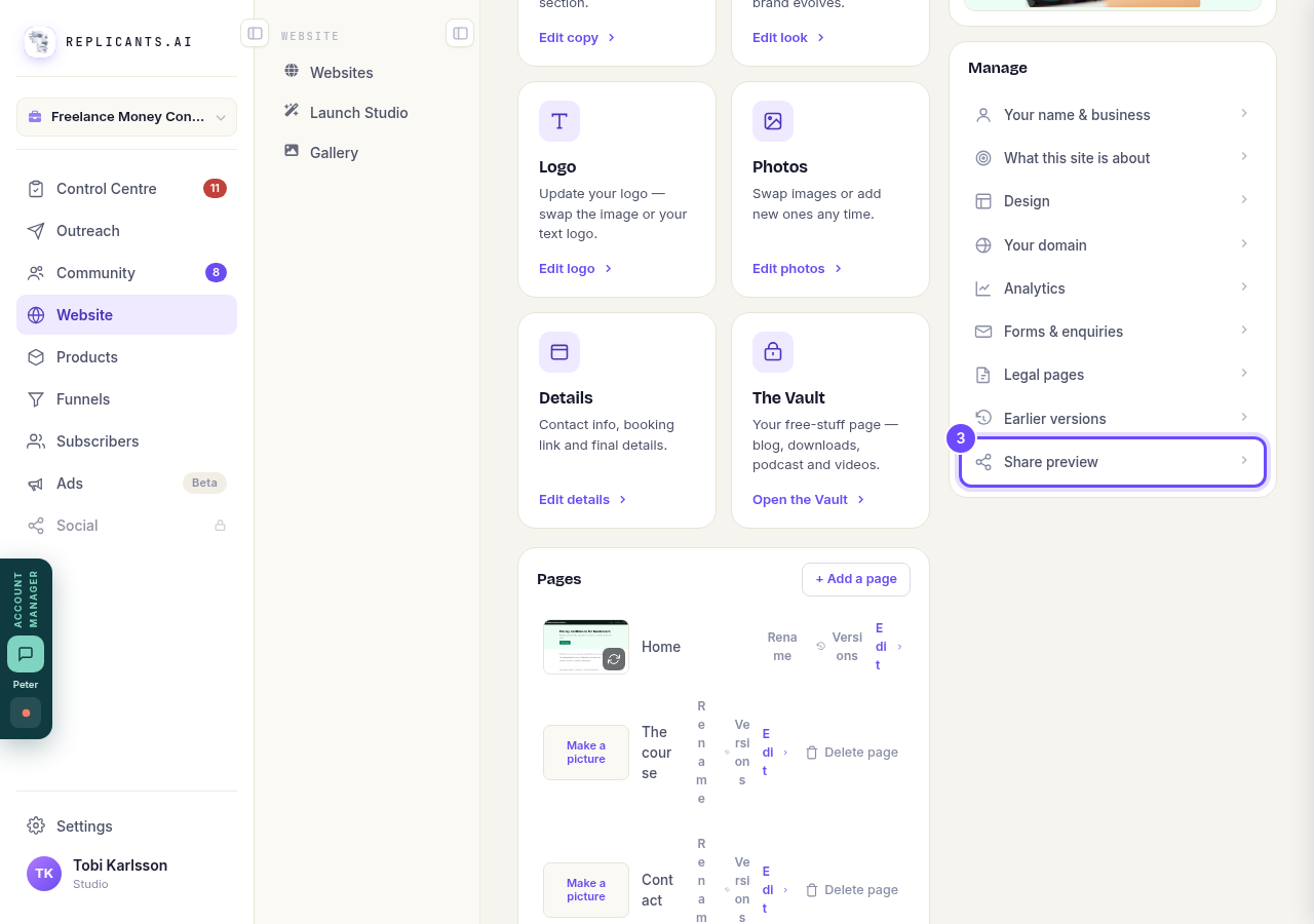 Share preview, in the Manage list.