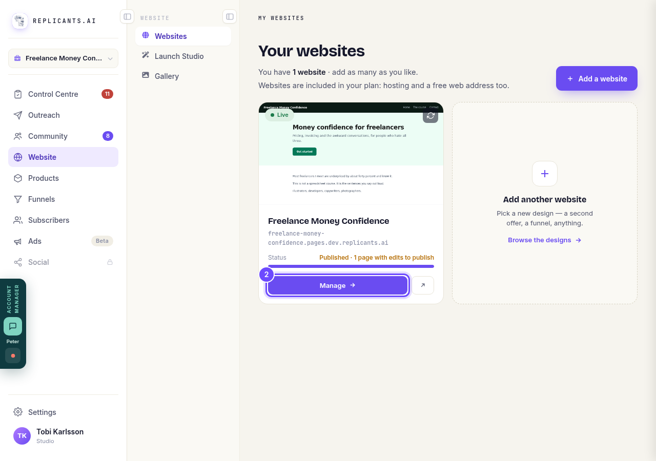 Manage, on your site's card.