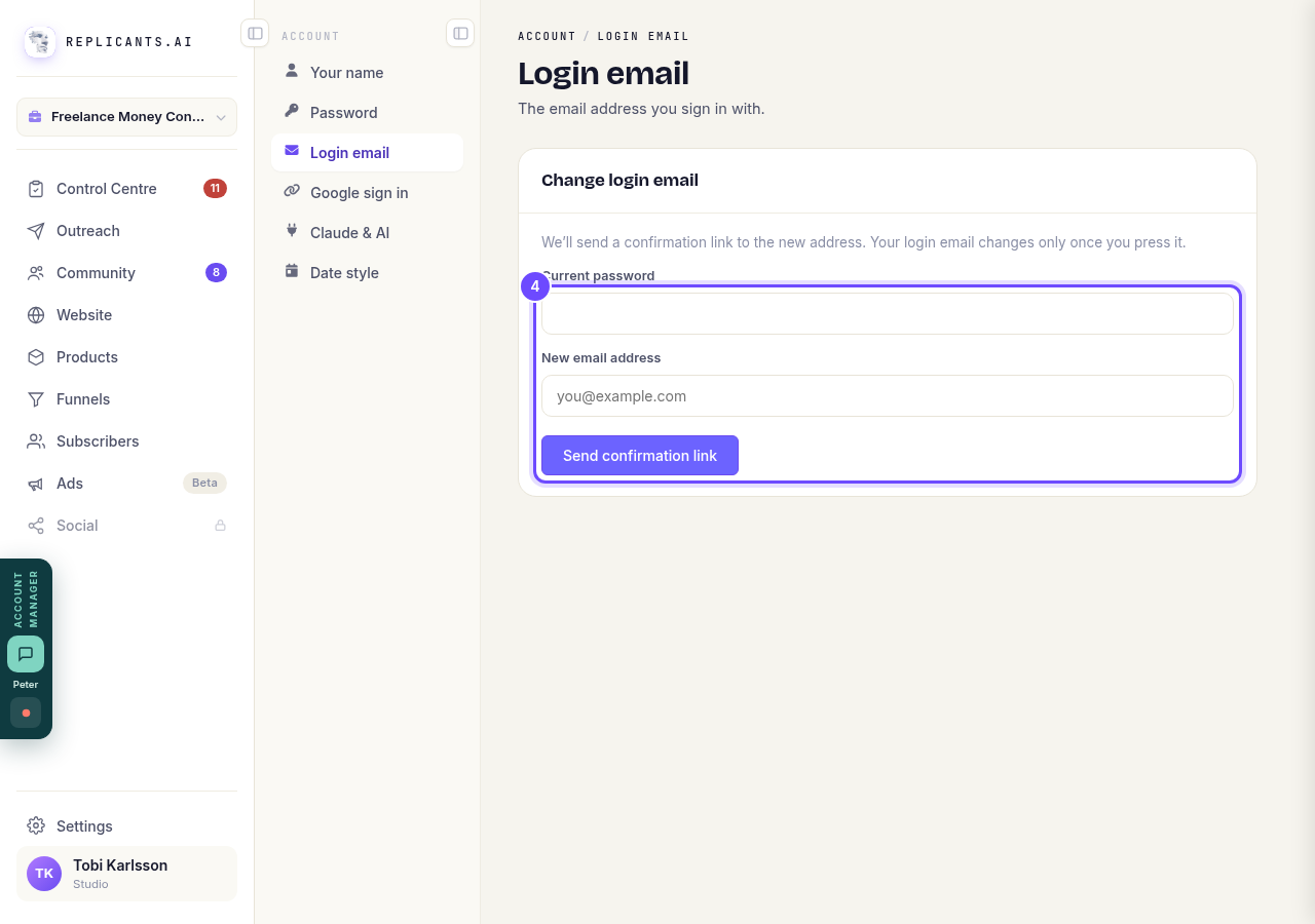 Current password, New email address, and Send confirmation link.