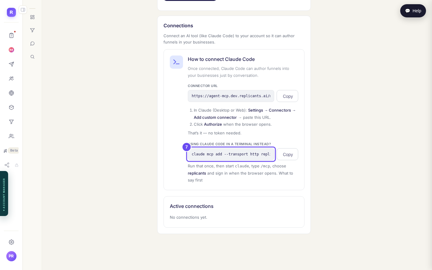 Copy, run once, then /mcp and sign in.