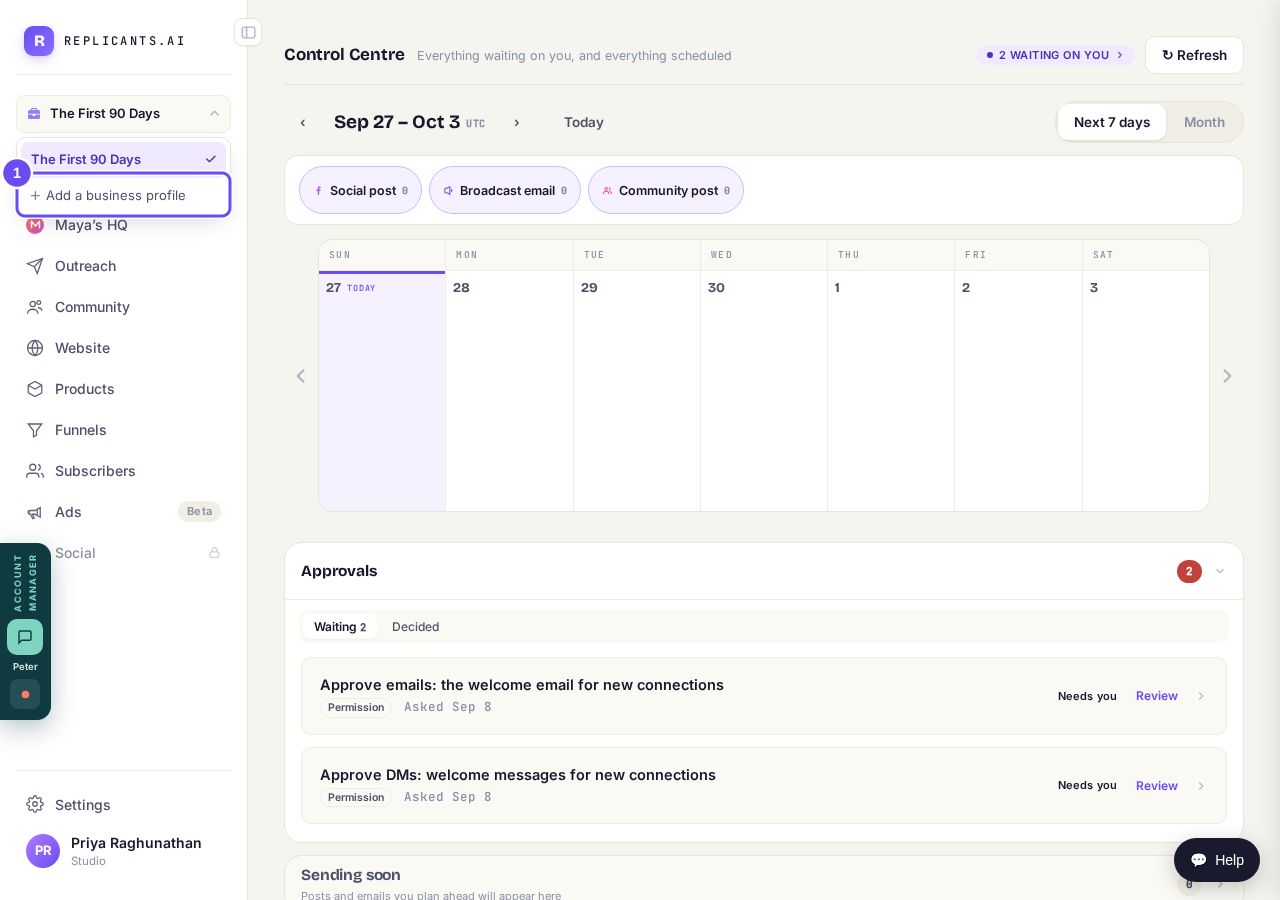 The business menu, with Add a business profile.