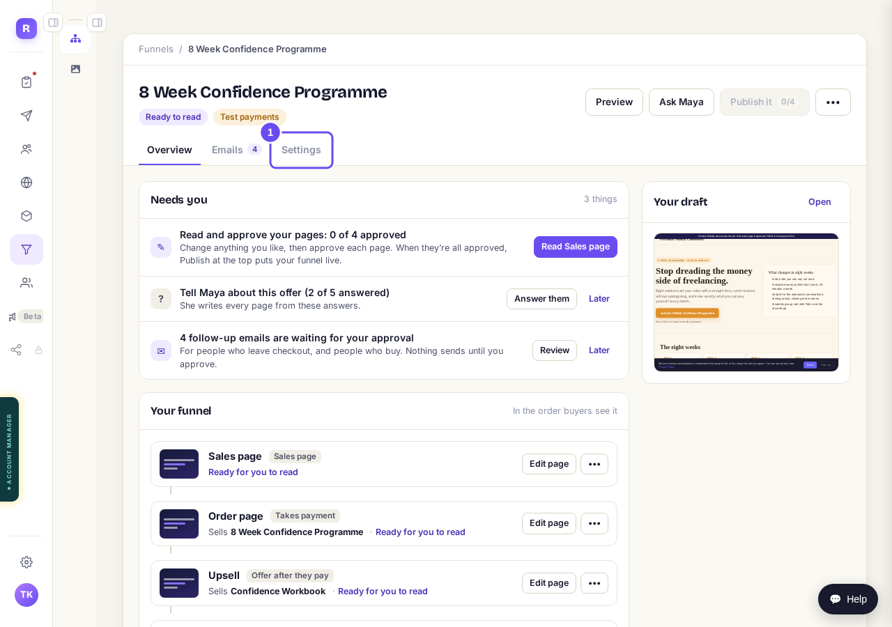 The Settings tab on your funnel's page.