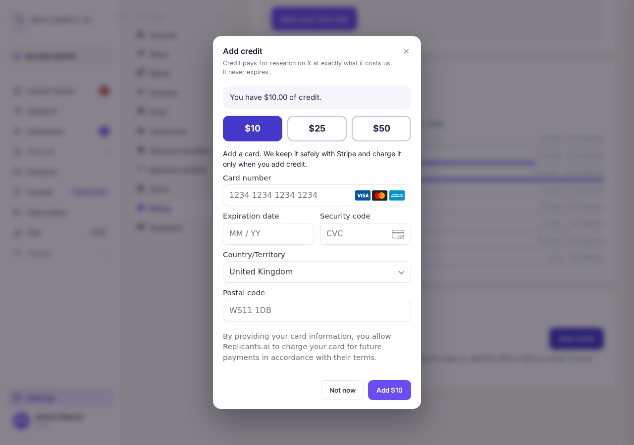 Add credit: choose $10, $25 or $50.