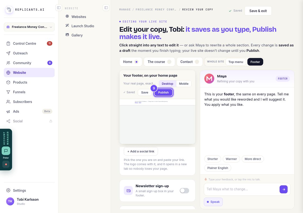 Publish, above the preview.