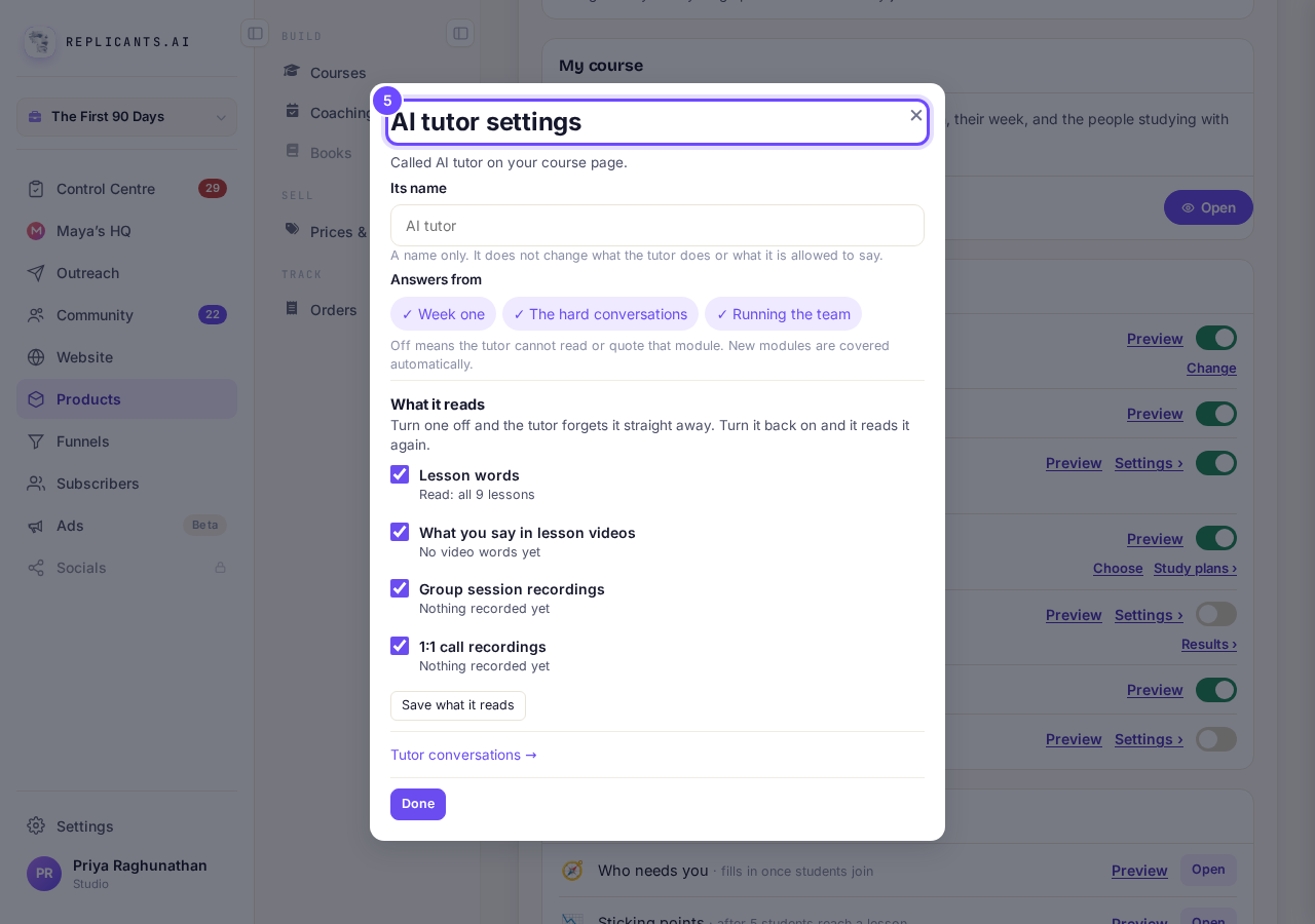 The AI tutor's settings.