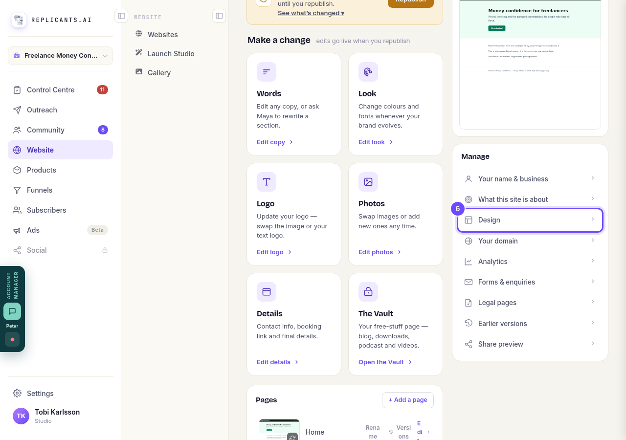 Design, in the Manage list.