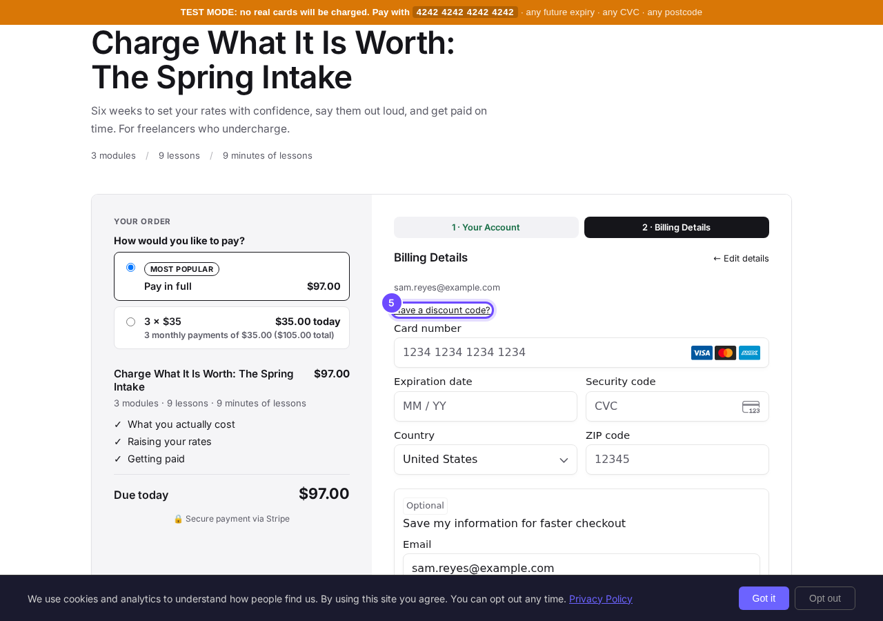 Have a discount code?, above the card details.