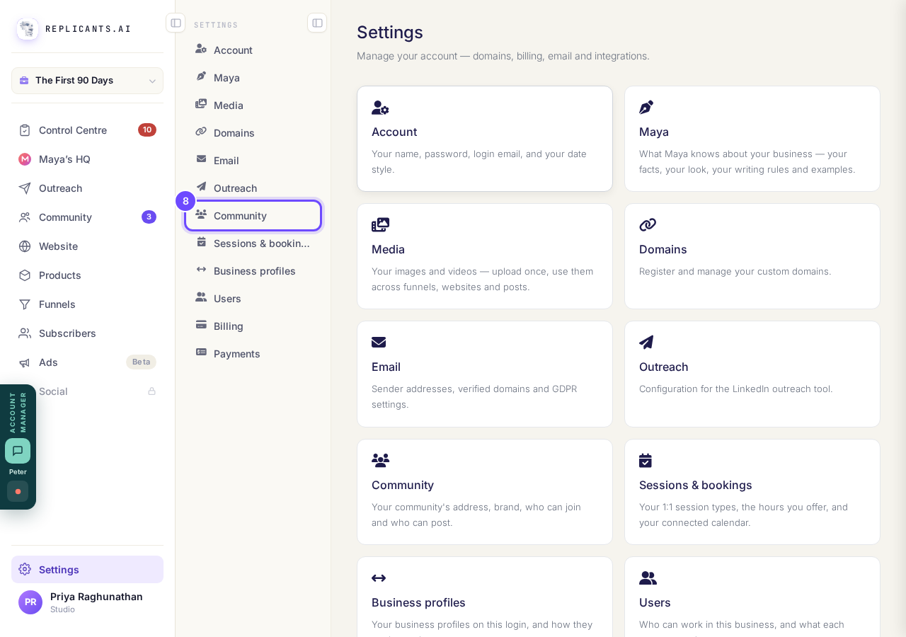 Community, in the Settings list.