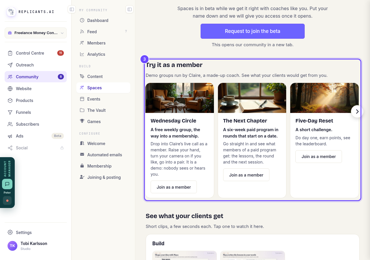 Try it as a member, with three demo spaces.