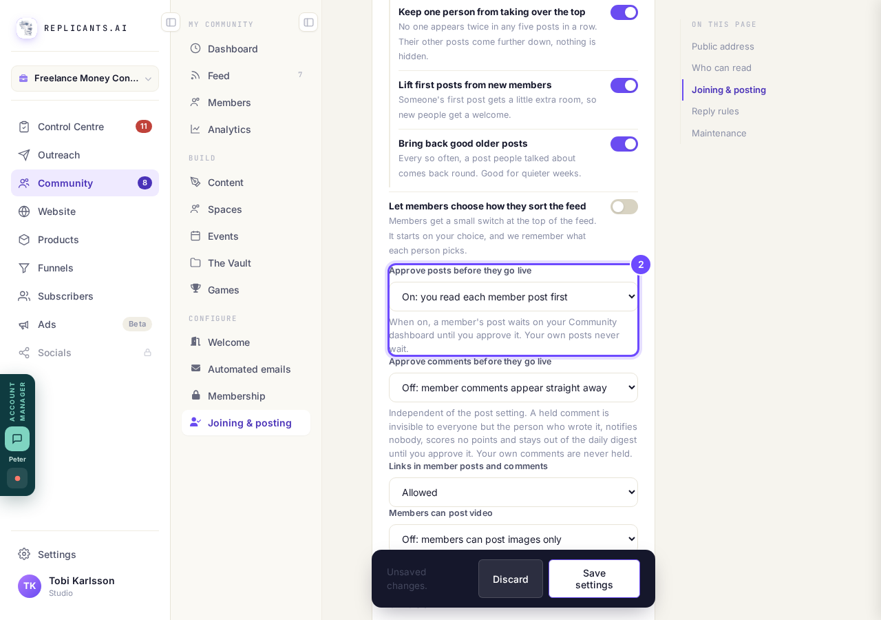 Approve posts before they go live, set to On.
