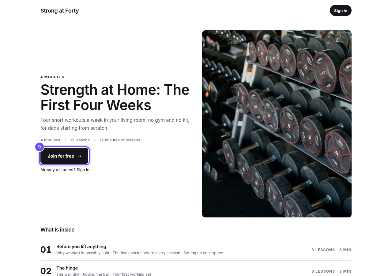 Your course page, live, with Join for free.