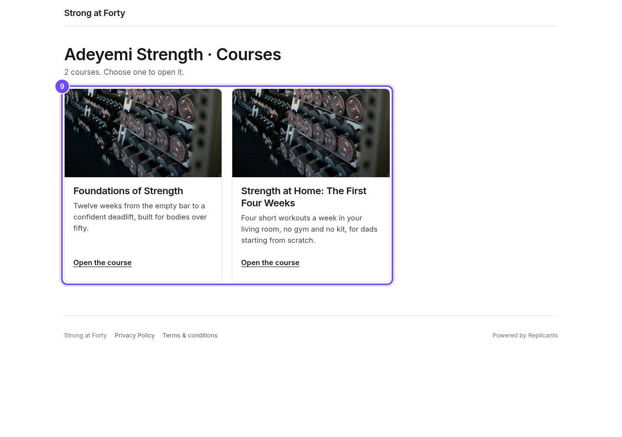 Your courses as cards, on your course site's main address.