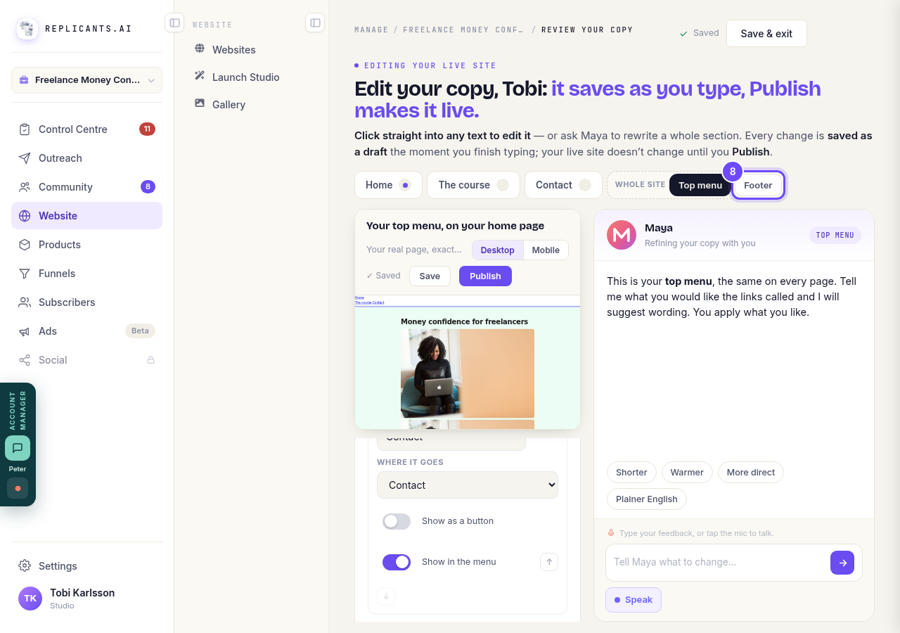 Footer, beside Top menu.