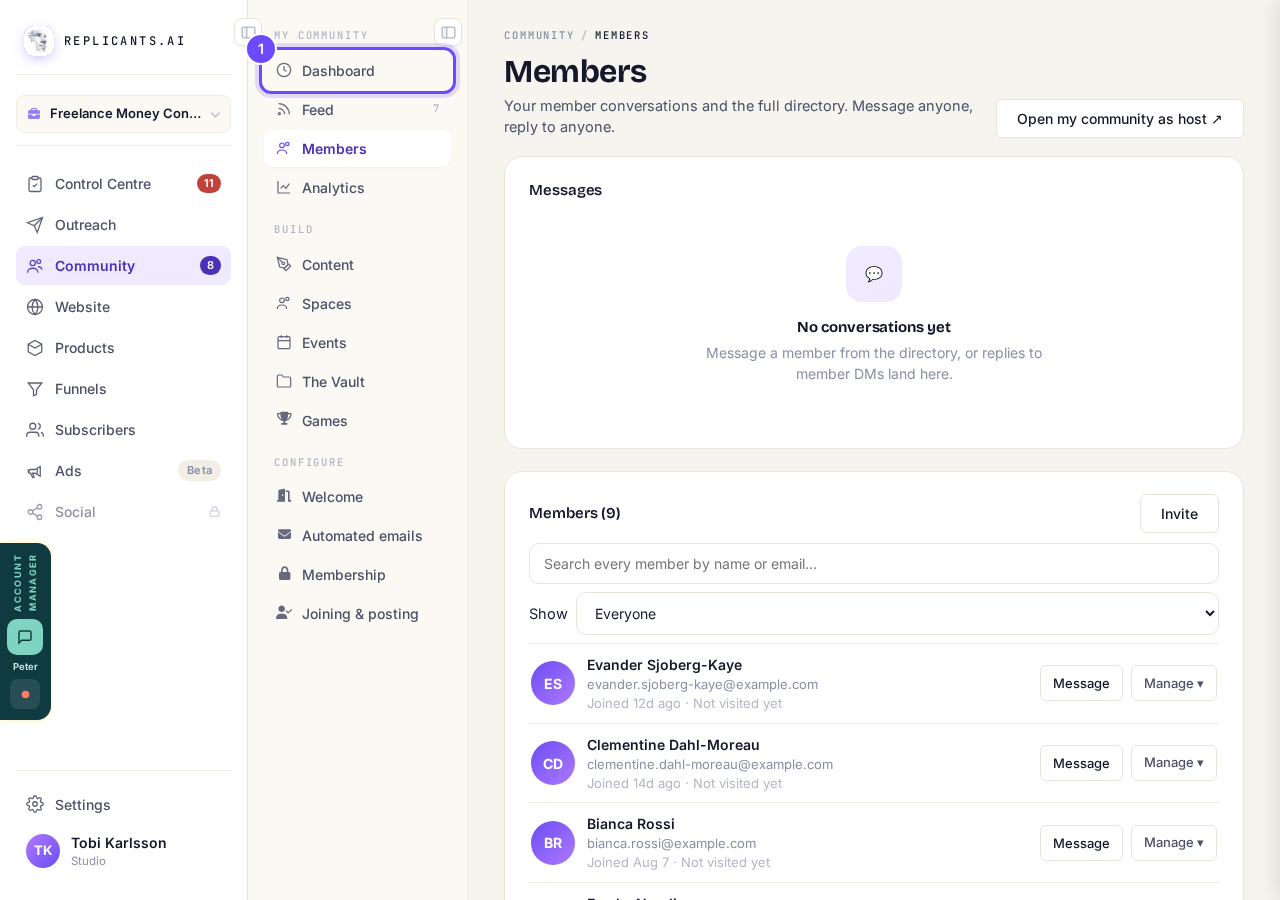 Dashboard, at the top of the Community list.