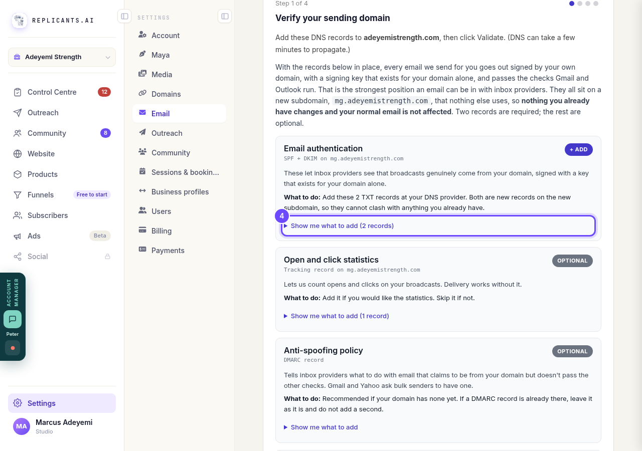 Show me what to add, under Email authentication.