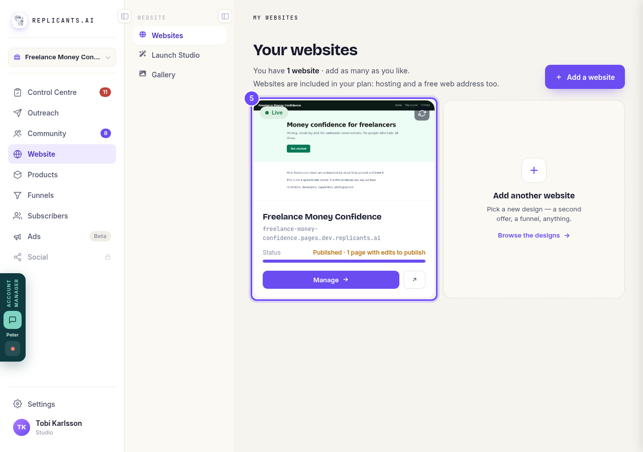 Your website, waiting for you in Website.