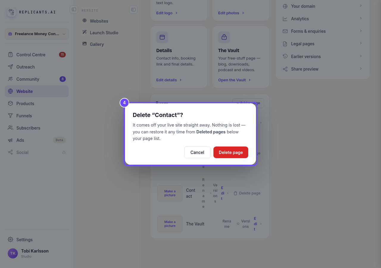 The box, with Delete page and Cancel.