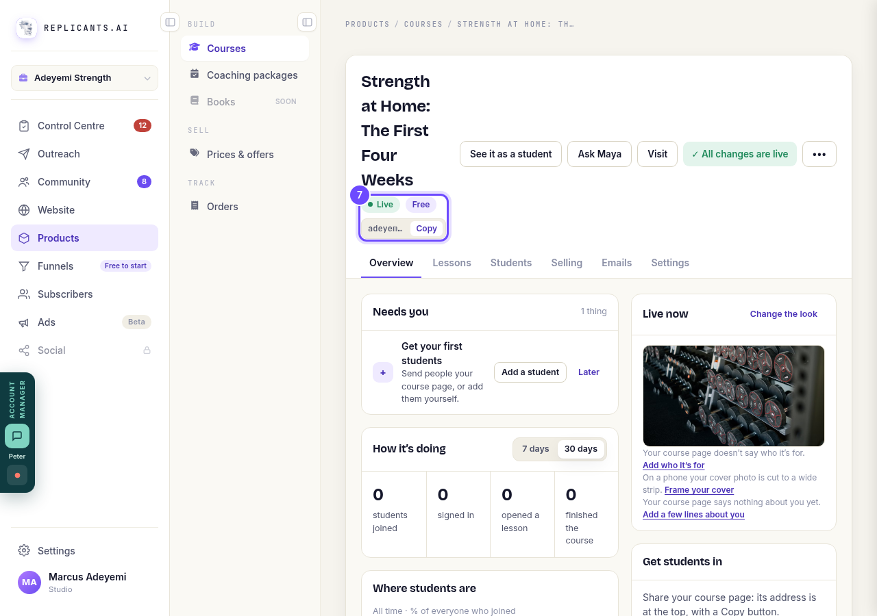 Live, with your course page's address and Copy.