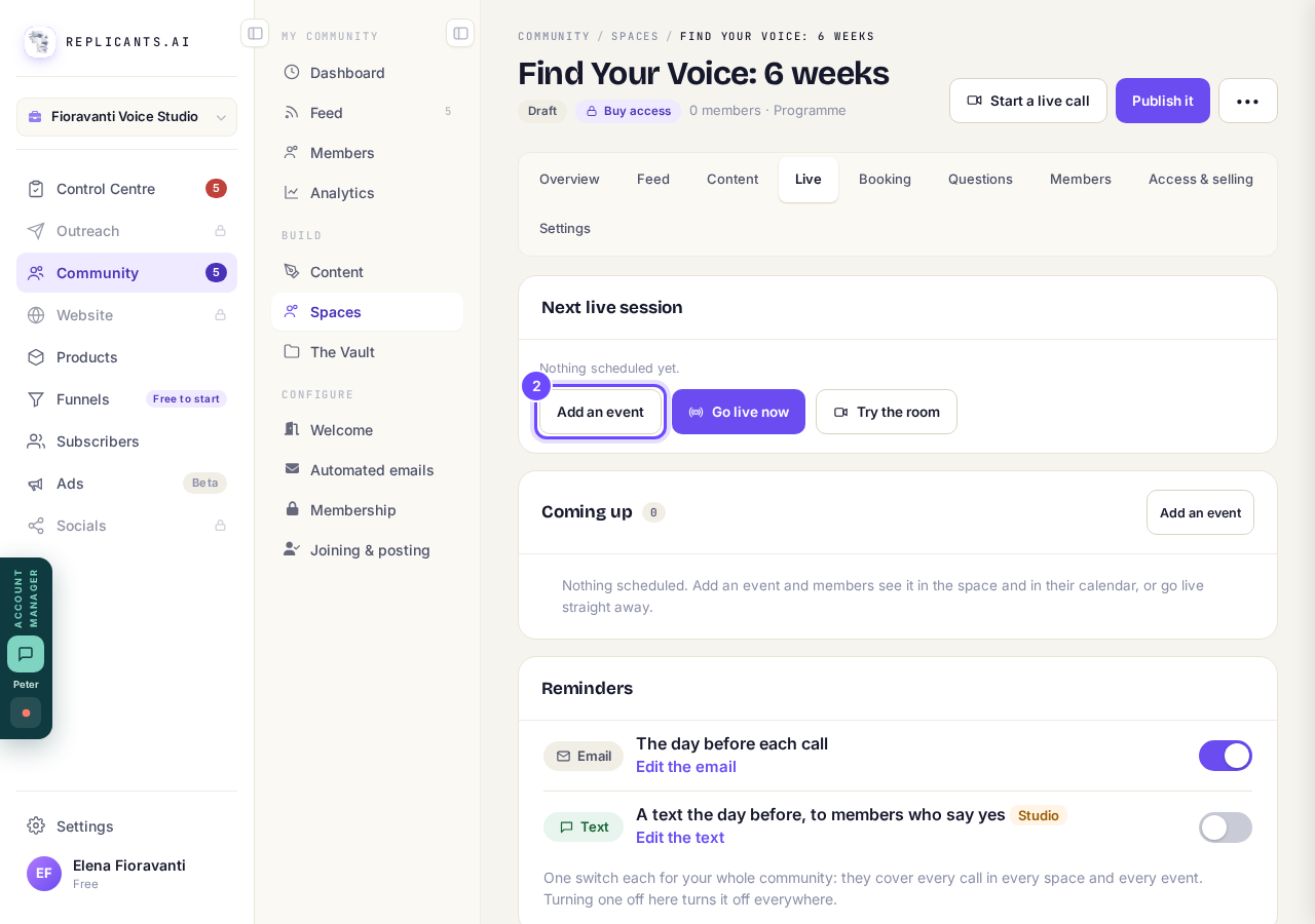 Add an event, under Next live session.