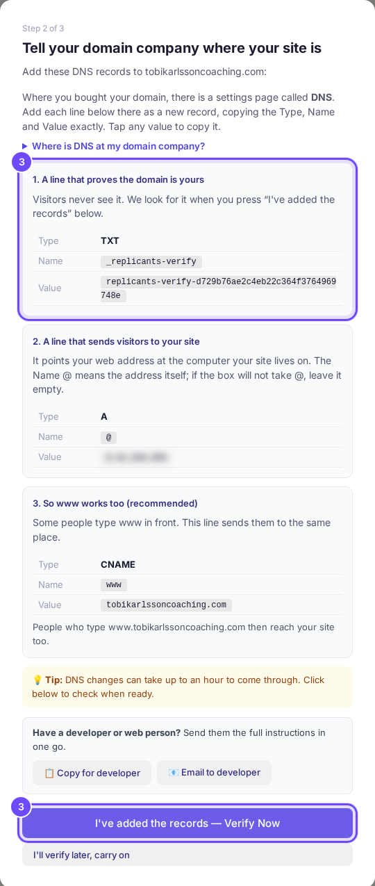 The verification line with its new value, and the button to press when it is added.
