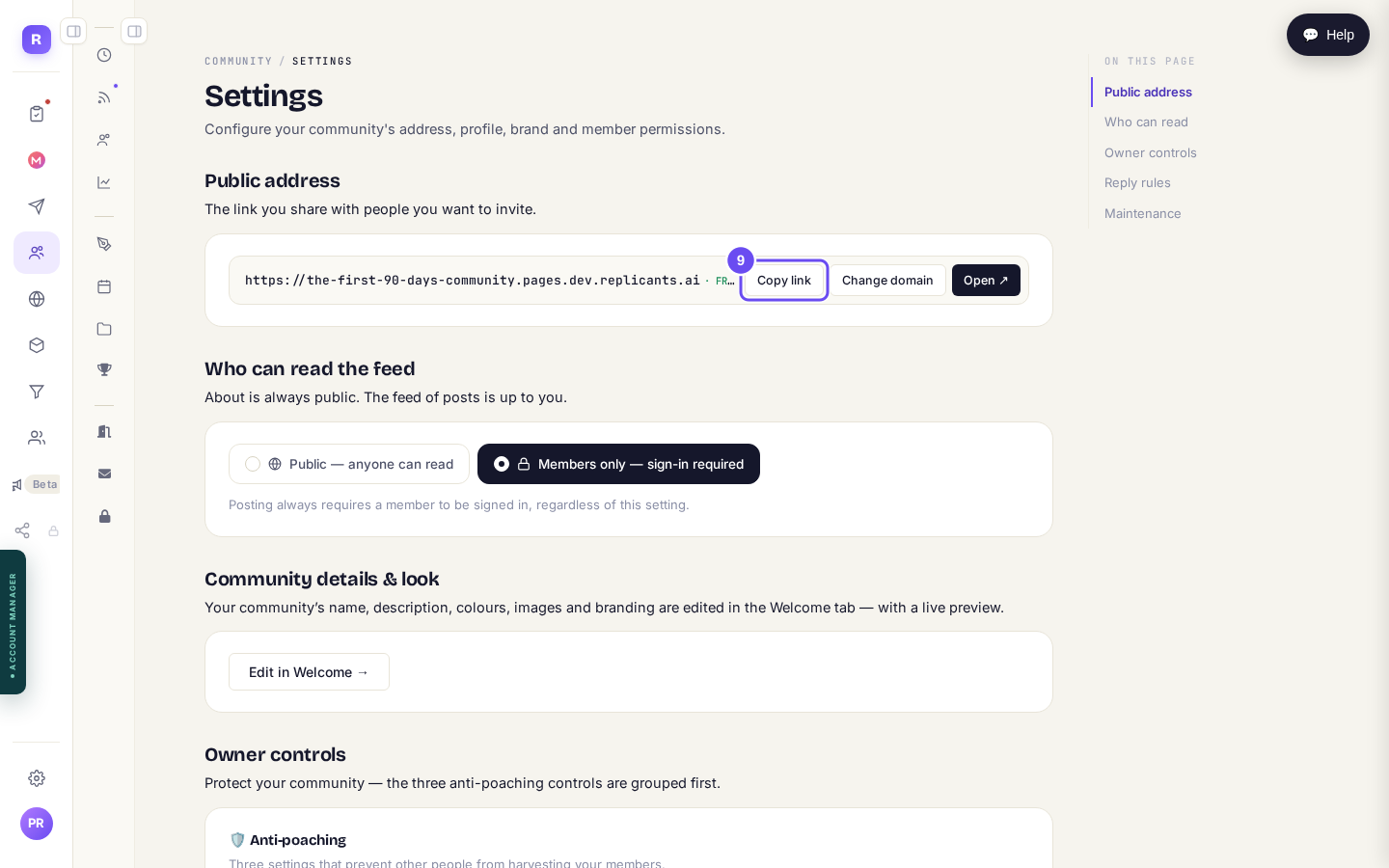 Community, then Settings. Copy link puts it on your clipboard.
