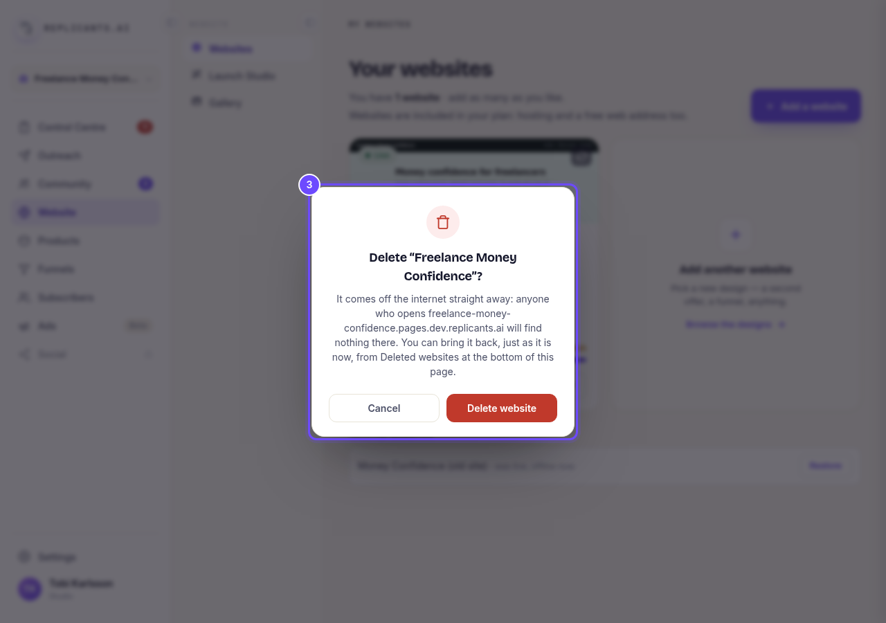 The Delete box, with Delete website.