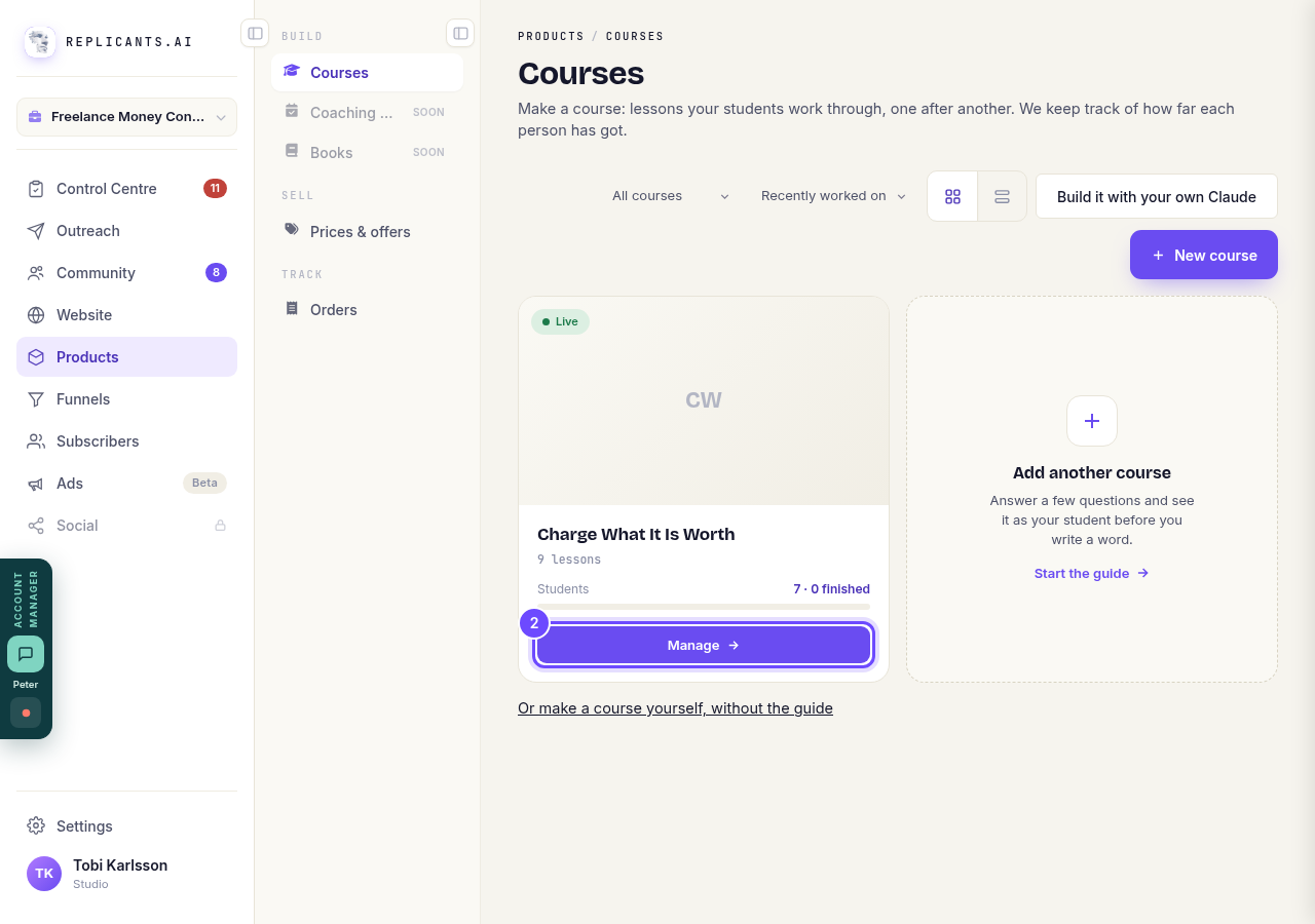 Manage, on the course's card.