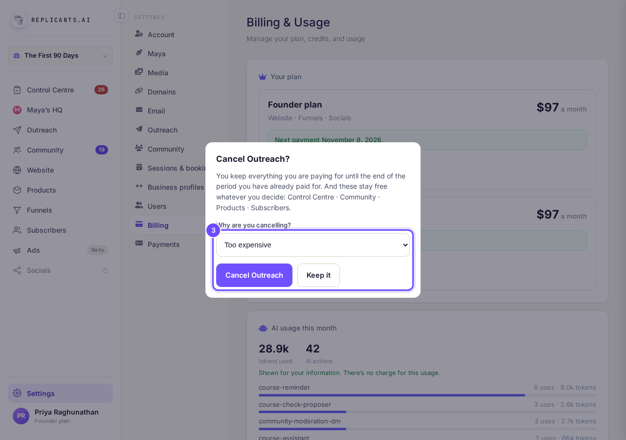 Cancel Outreach?, with the reason and the two buttons.