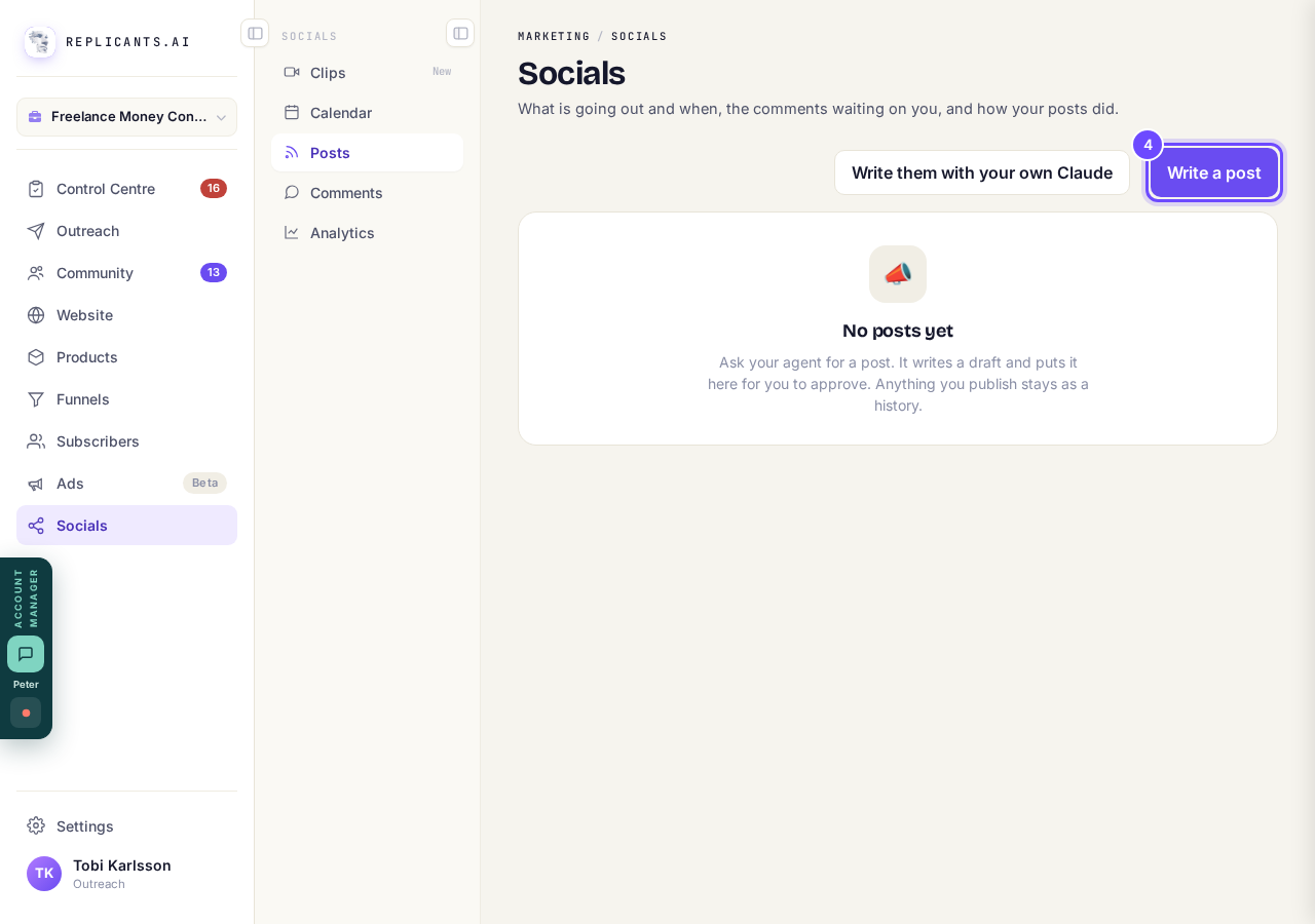 Write a post, at the top right of Socials.