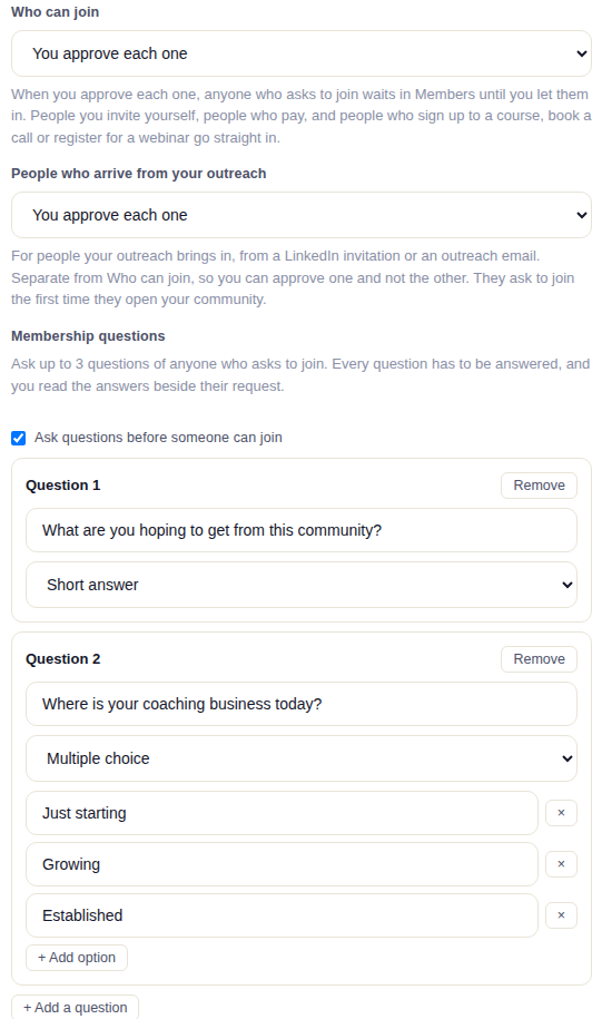 Who can join, the separate outreach switch, and the membership questions.