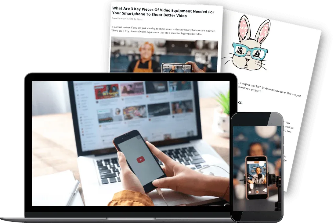 The bonus guides shown on a laptop, a phone and printed pages