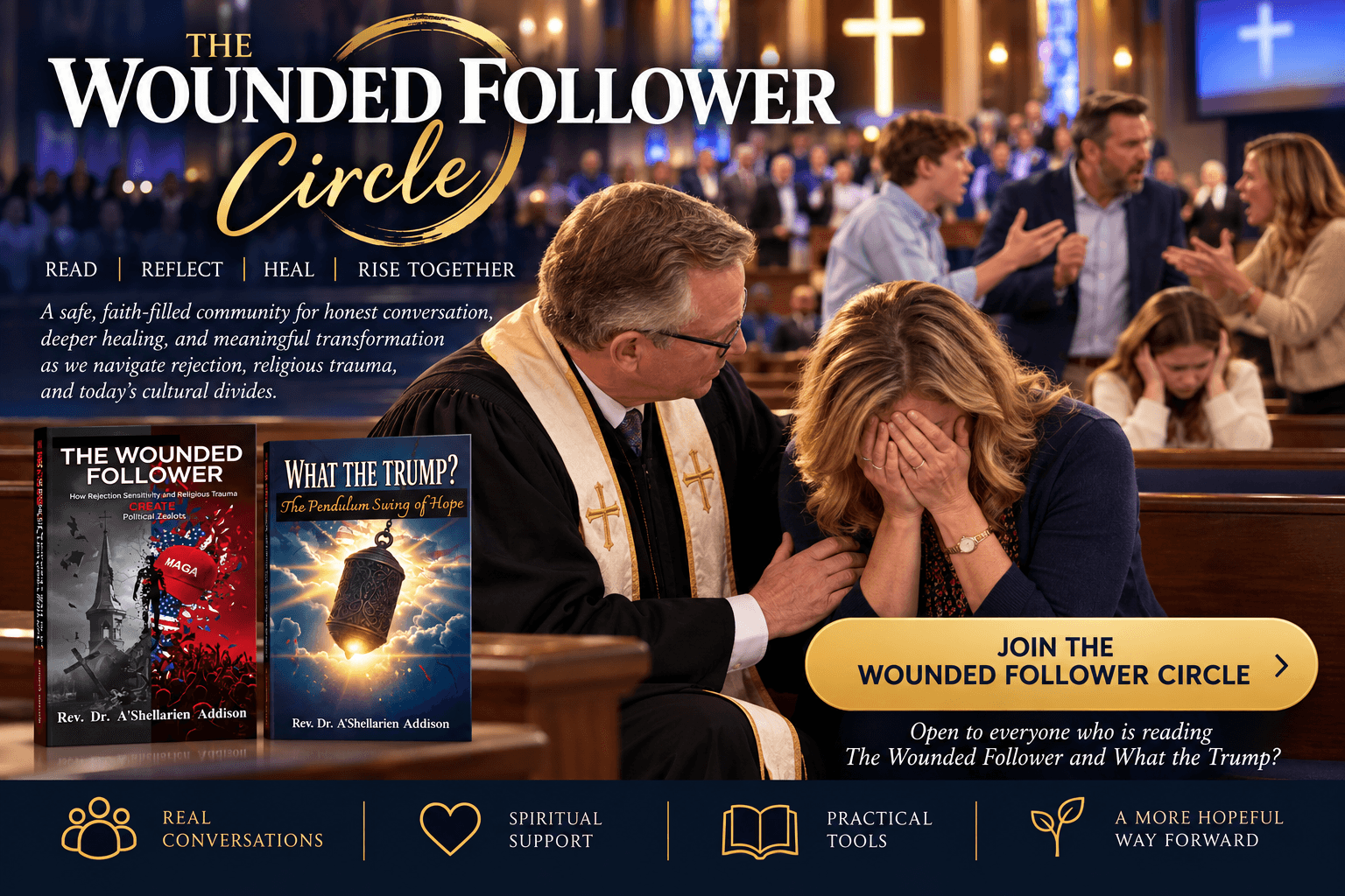 The Wounded Follower Circle: a pastor comforts a weeping woman in a church pew while her family argues behind them. Read, reflect, heal, rise together. Join The Wounded Follower Circle.